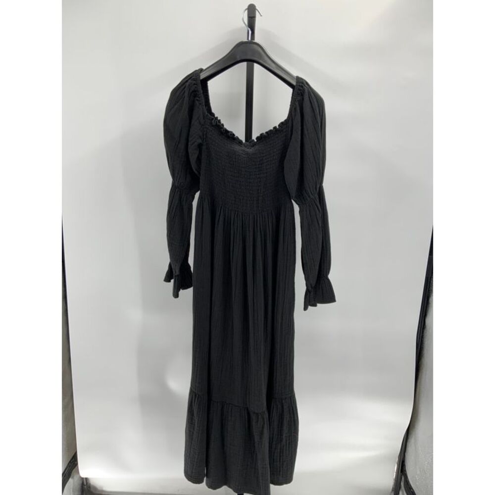 Quince Maternity Organic Cotton Gauze Smocked Ruffle Hem Midi Dress Black S - Picture 2 of 2